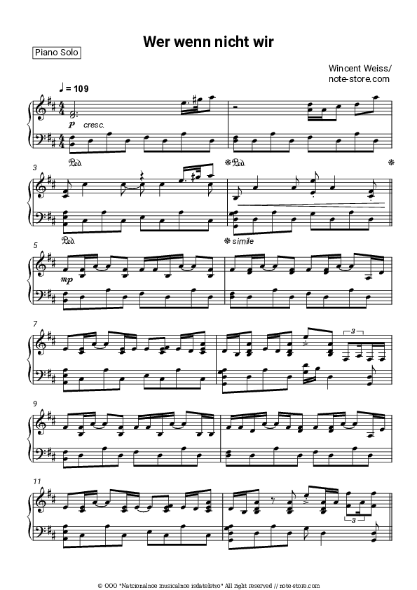 Wer wenn nicht wir - Wincent Weiss Piano Sheet Music - Piano.Solo