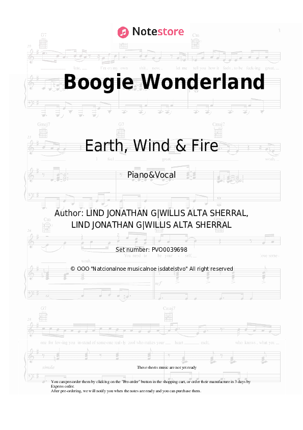 Boogie Wonderland - Earth, Wind & Fire Piano Sheet Music with the Voice part - Piano&Vocal
