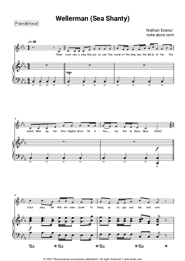 Wellerman (Sea Shanty) - Nathan Evans Piano Sheet Music with the Voice part - Piano&Vocal