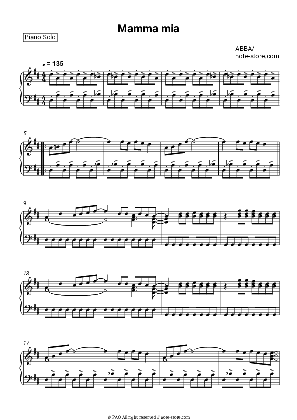 Mamma mia - ABBA Piano Sheet Music - Piano.Solo