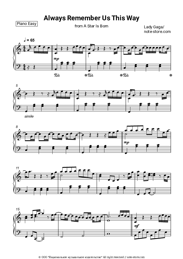 Always Remember Us This Way - Lady Gaga Piano Sheet Music Easy - Piano.Easy