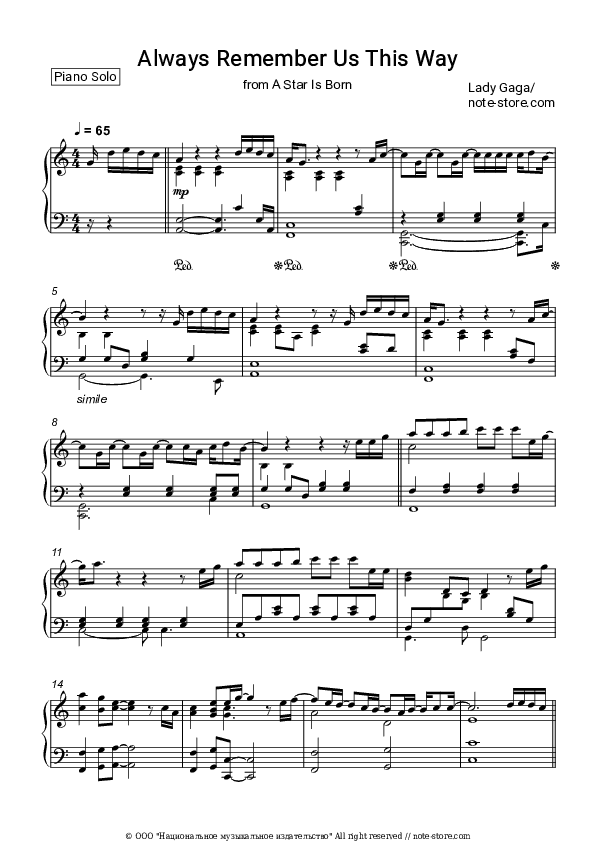 Always Remember Us This Way - Lady Gaga Piano Sheet Music - Piano.Solo