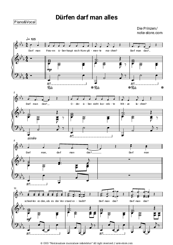 Dürfen darf man alles - Die Prinzen Piano Sheet Music with the Voice part - Piano&Vocal