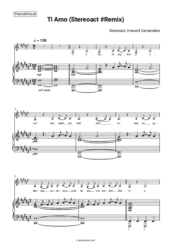 Ti Amo (Stereoact #Remix) - Stereoact, Howard Carpendale Piano Sheet Music with the Voice part - Piano&Vocal