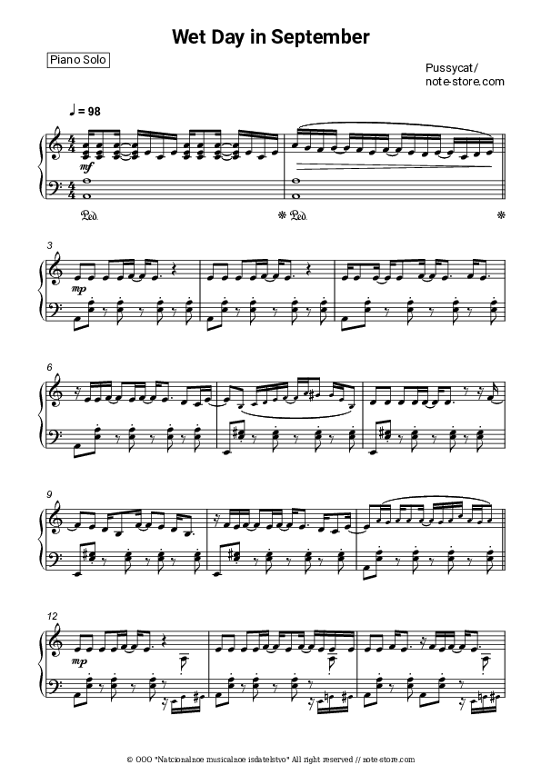 Wet Day In September - Pussycat Piano Sheet Music - Piano.Solo