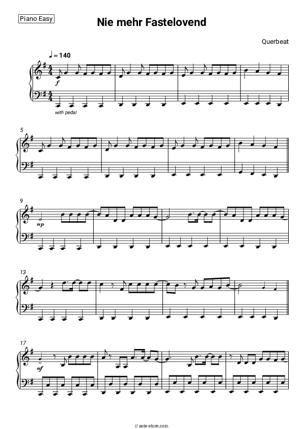 Nie mehr Fastelovend - Querbeat Piano Sheet Music Easy - Piano.Easy
