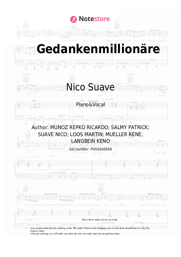 Gedankenmillionäre - Nico Suave, Johannes Oerding Piano Sheet Music with the Voice part - Piano&Vocal