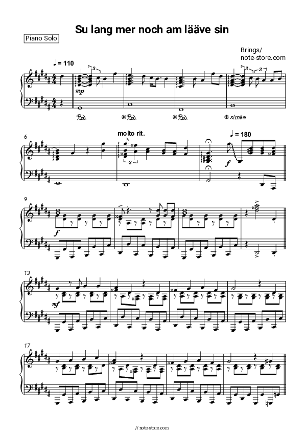 Su lang mer noch am lääve sin - Brings Piano Sheet Music - Piano.Solo
