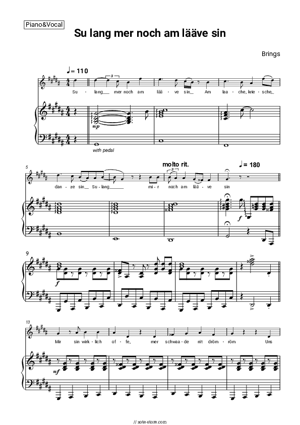 Su lang mer noch am lääve sin - Brings Piano Sheet Music with the Voice part - Piano&Vocal