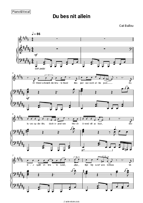 Du bes nit allein - Cat Ballou Piano Sheet Music with the Voice part - Piano&Vocal