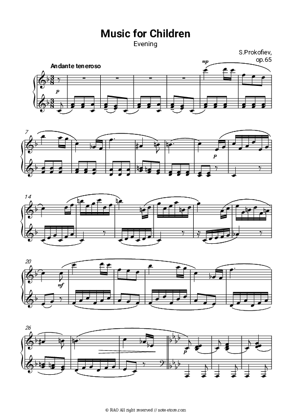 Op. 65, No. 11, Evening - S. Prokofiev Piano Sheet Music - Piano.Solo