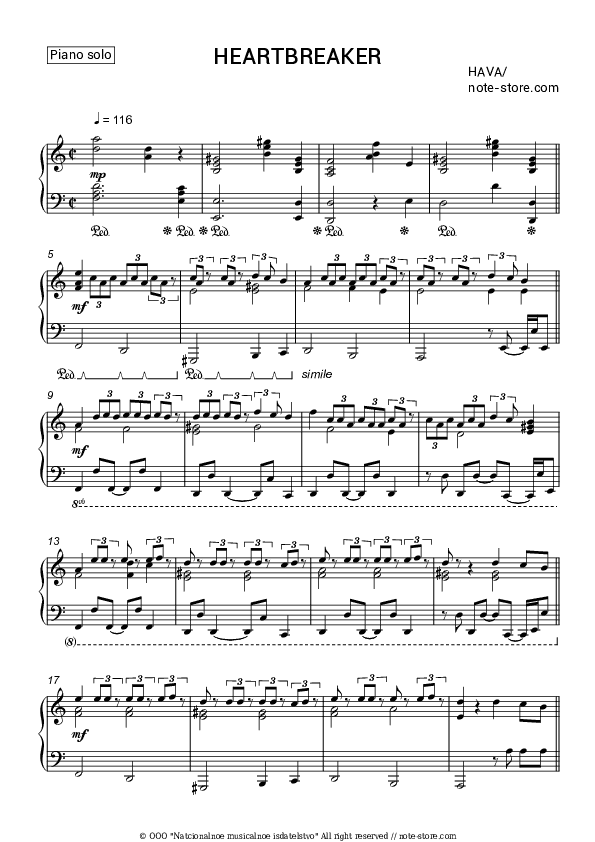 Heartbreaker - Hava Piano Sheet Music - Piano.Solo
