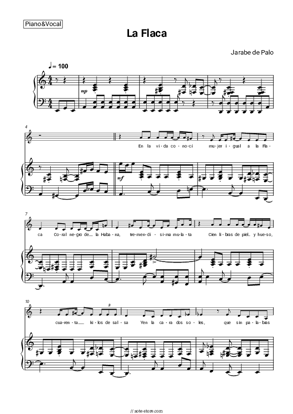 La Flaca - Jarabe de Palo Piano Sheet Music with the Voice part - Piano&Vocal