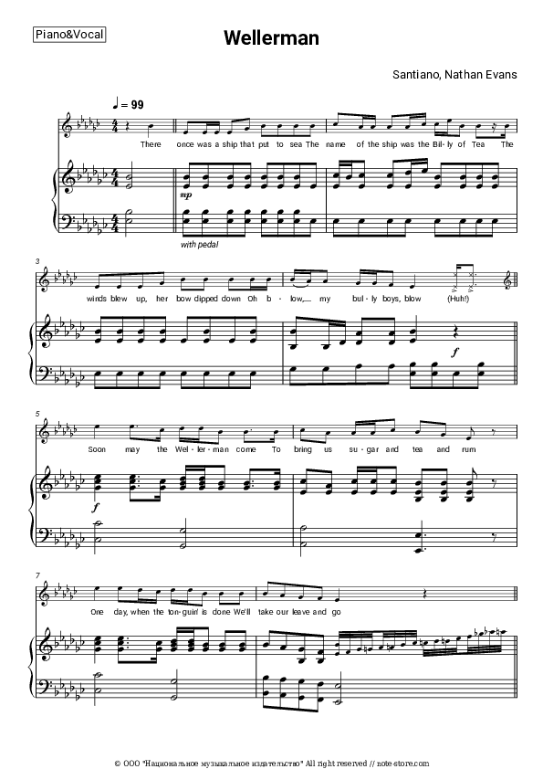 Wellerman - Santiano, Nathan Evans Piano Sheet Music with the Voice part - Piano&Vocal