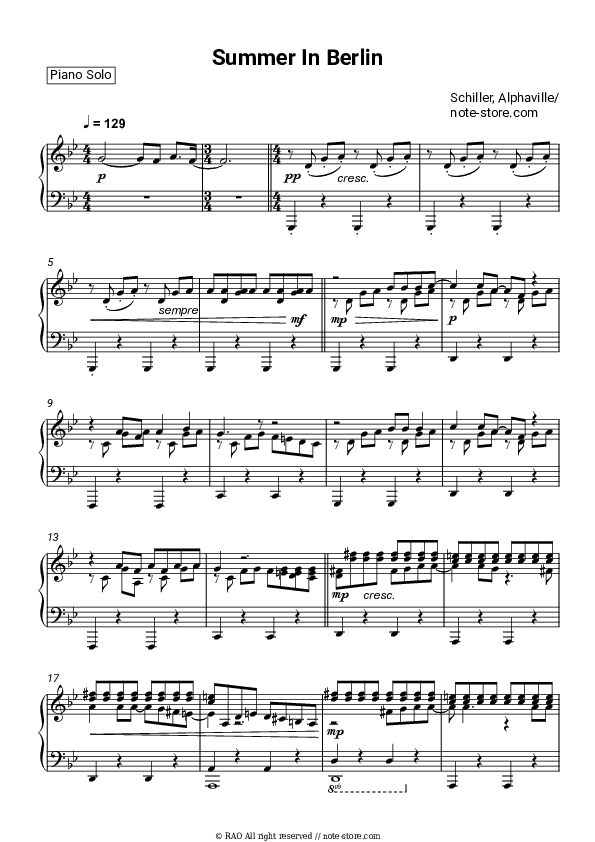 Summer In Berlin - Schiller, Alphaville Piano Sheet Music - Piano.Solo