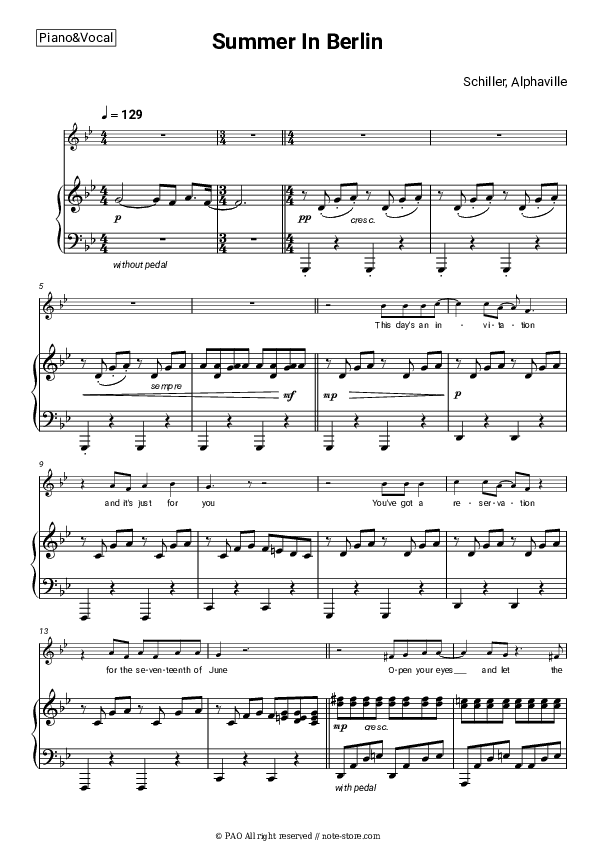 Summer In Berlin - Schiller, Alphaville Piano Sheet Music with the Voice part - Piano&Vocal