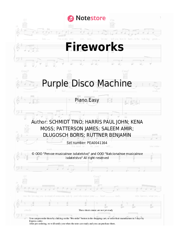 Fireworks - Purple Disco Machine, Moss Kena, The Knocks Piano Sheet Music Easy - Piano.Easy