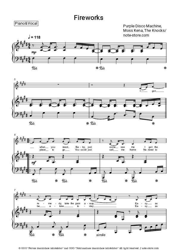 Fireworks - Purple Disco Machine, Moss Kena, The Knocks Piano Sheet Music with the Voice part - Piano&Vocal