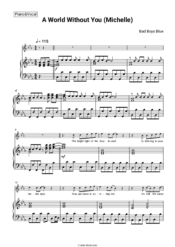 A World Without You Michelle - Bad Boys Blue Piano Sheet Music with the Voice part - Piano&Vocal