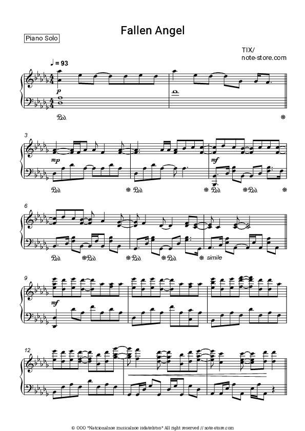 Fallen Angel - TIX Piano Sheet Music - Piano.Solo