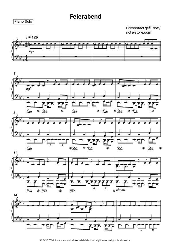 Feierabend - Grossstadtgeflüster Piano Sheet Music - Piano.Solo