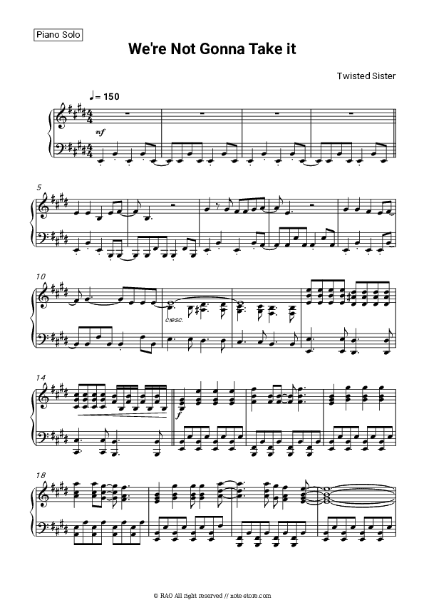 We're Not Gonna Take it - Twisted Sister Piano Sheet Music - Piano.Solo