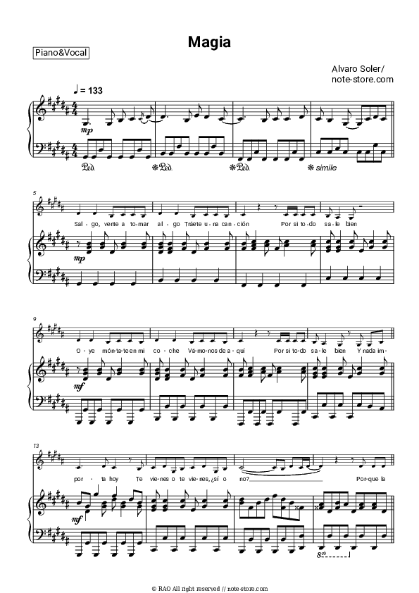 Magia - Alvaro Soler Piano Sheet Music with the Voice part - Piano&Vocal