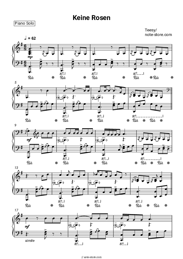 Keine Rosen - Teesy Piano Sheet Music - Piano.Solo