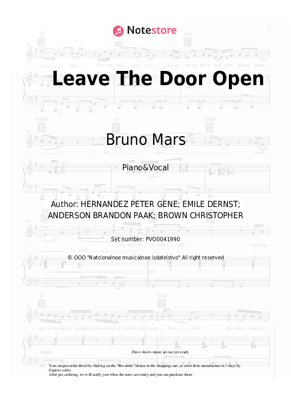 Leave The Door Open - Bruno Mars, Anderson .Paak, Silk Sonic Piano Sheet Music with the Voice part - Piano&Vocal