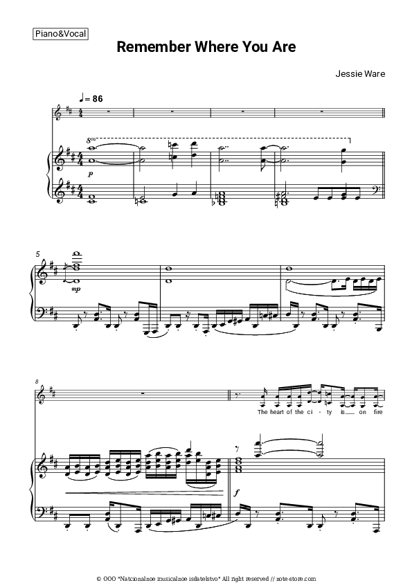 Remember Where You Are - Jessie Ware Piano Sheet Music with the Voice part - Piano&Vocal