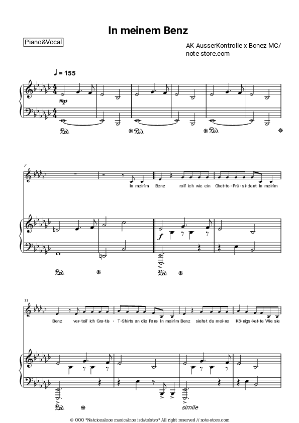 In meinem Benz - AK AusserKontrolle, Bonez MC Piano Sheet Music with the Voice part - Piano&Vocal