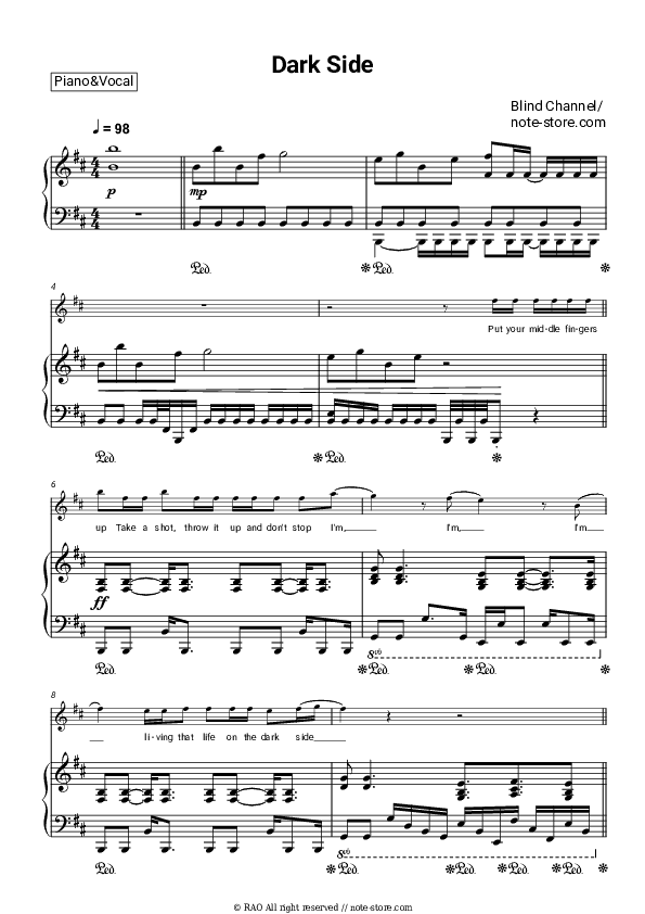 Dark Side - Blind Channel Piano Sheet Music with the Voice part - Piano&Vocal