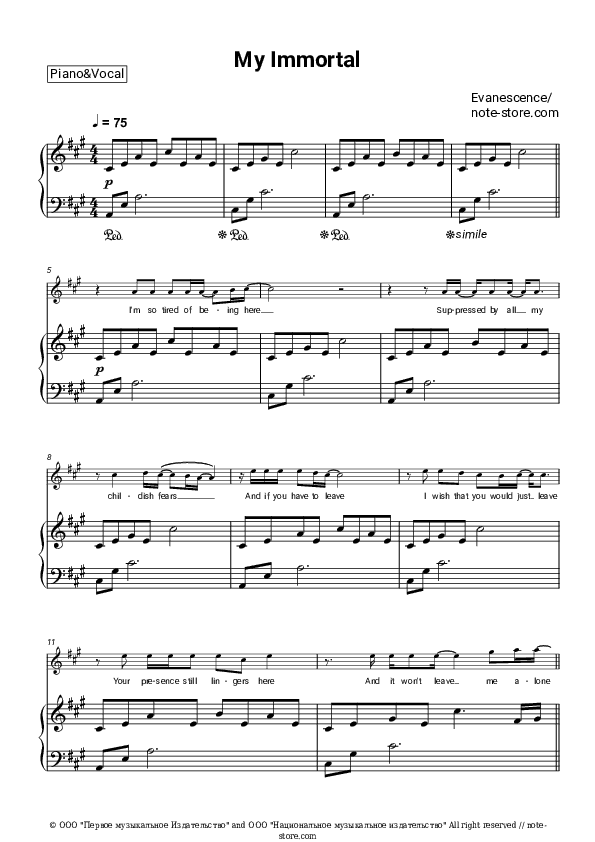 My immortal - Evanescence Piano Sheet Music with the Voice part - Piano&Vocal