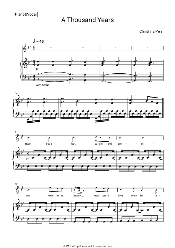 A Thousand Years - Christina Perri Piano Sheet Music with the Voice part - Piano&Vocal