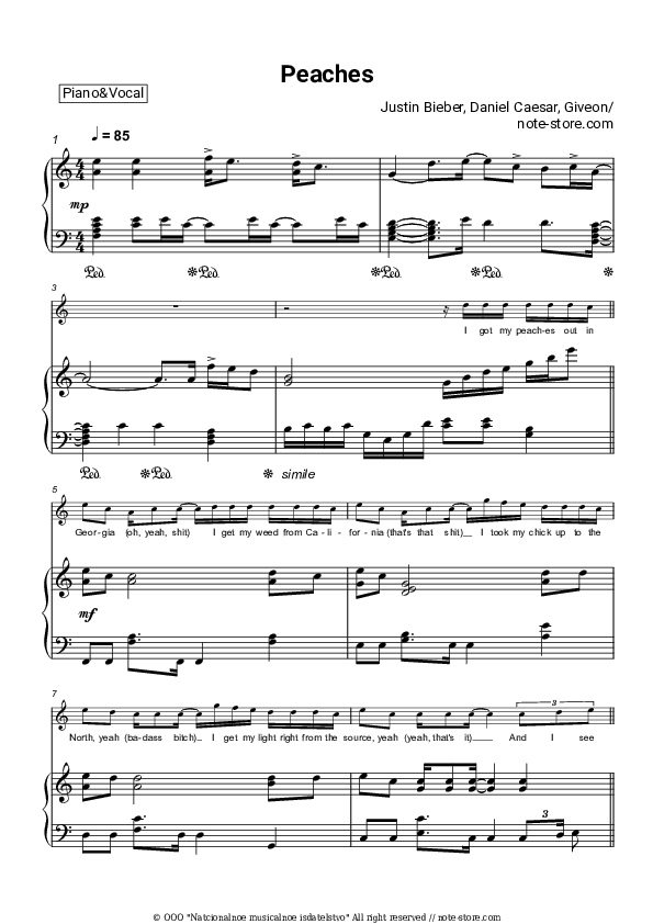 Peaches - Justin Bieber, Daniel Caesar, Giveon Piano Sheet Music with the Voice part - Piano&Vocal