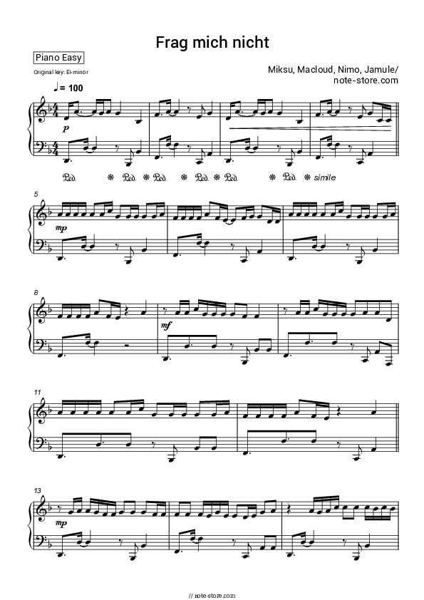 Frag mich nicht - Miksu, Macloud, Nimo, Jamule Piano Sheet Music Easy - Piano.Easy