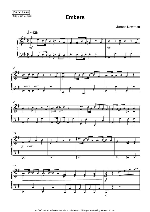 Embers - James Newman Piano Sheet Music Easy - Piano.Easy