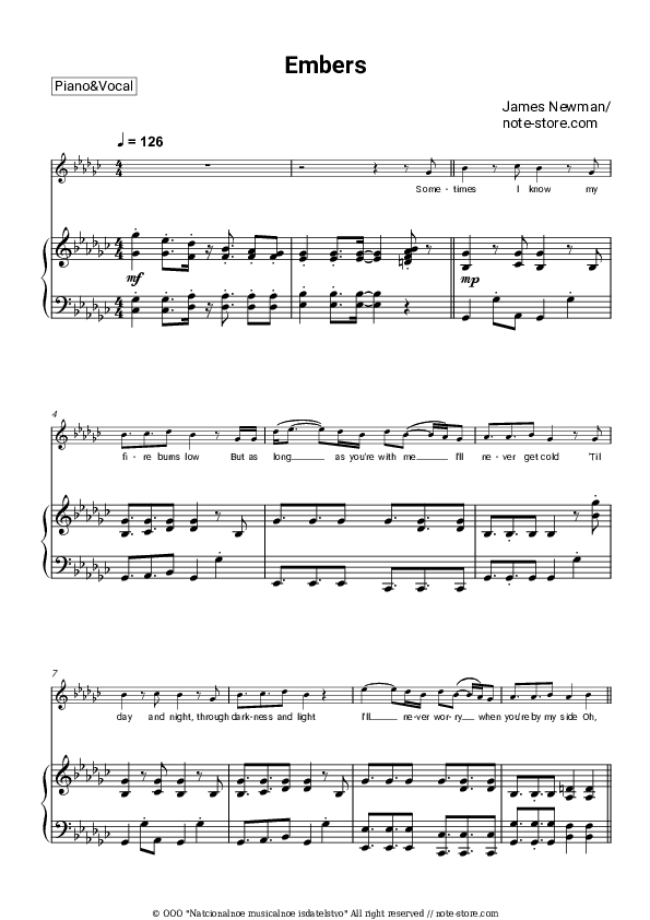 Embers - James Newman Piano Sheet Music with the Voice part - Piano&Vocal