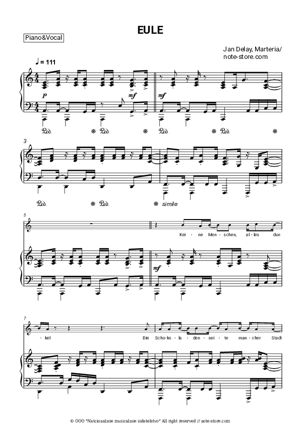 EULE - Jan Delay, Marteria Piano Sheet Music with the Voice part - Piano&Vocal