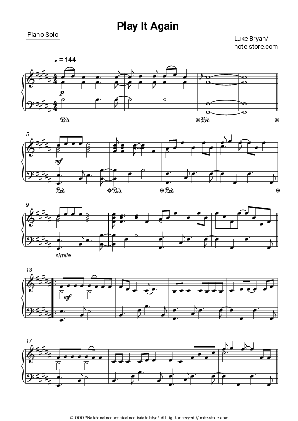 Play It Again - Luke Bryan Piano Sheet Music - Piano.Solo