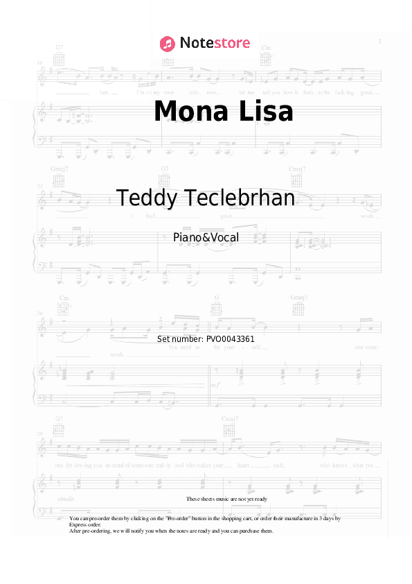 Mona Lisa - Teddy Teclebrhan Piano Sheet Music with the Voice part - Piano&Vocal