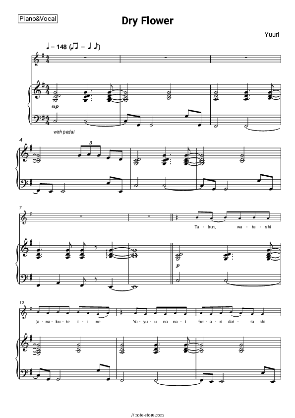 Dry Flower - Yuuri Piano Sheet Music with the Voice part - Piano&Vocal