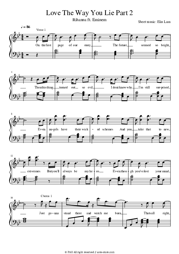 Love the way you lie - Eminem, Rihanna Piano Sheet Music - Piano.Solo