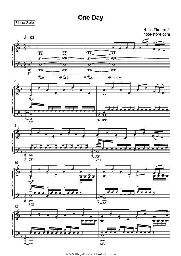 One Day - Hans Zimmer Piano Sheet Music - Piano.Solo