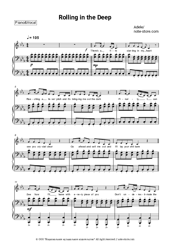 Rolling in the deep - Adele Piano Sheet Music with the Voice part - Piano&Vocal