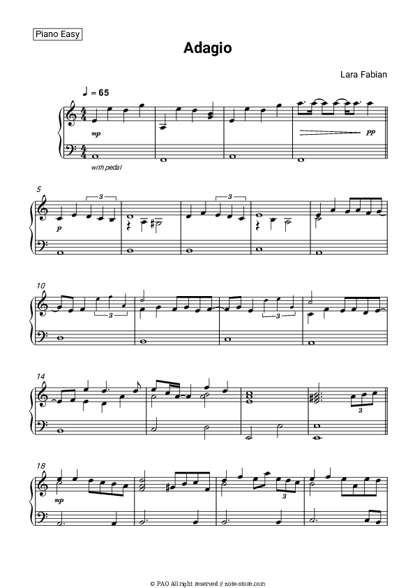 Adagio - Lara Fabian Piano Sheet Music Easy - Piano.Easy