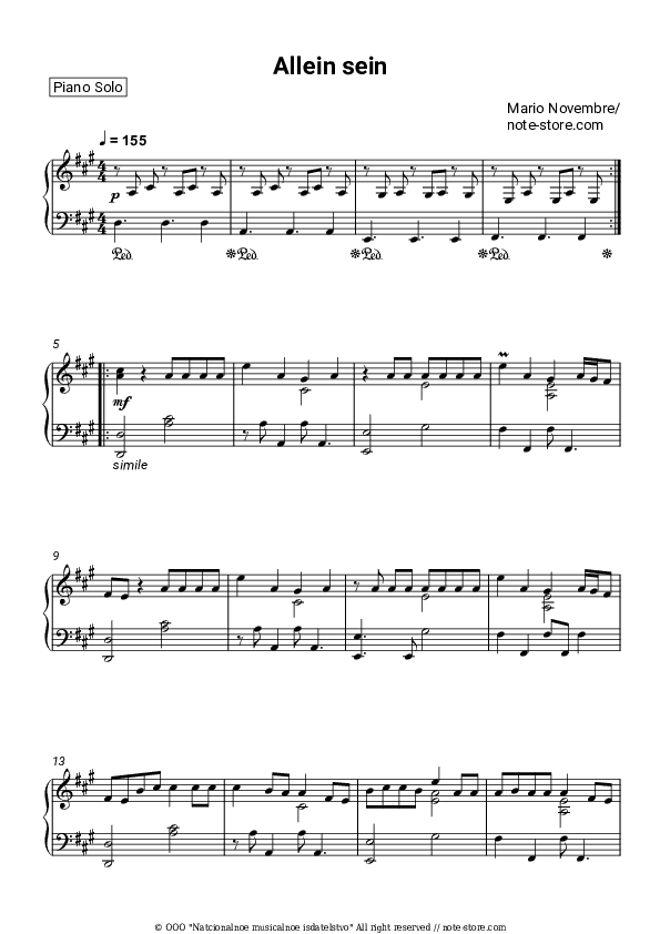 Allein sein - Mario Novembre Piano Sheet Music - Piano.Solo