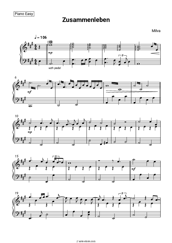 Zusammenleben - Milva Piano Sheet Music Easy - Piano.Easy