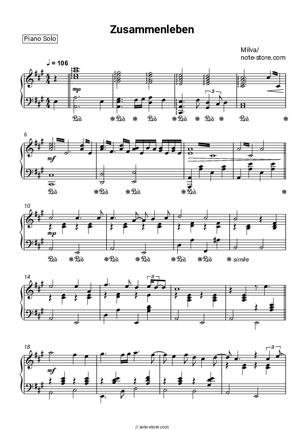 Zusammenleben - Milva Piano Sheet Music - Piano.Solo