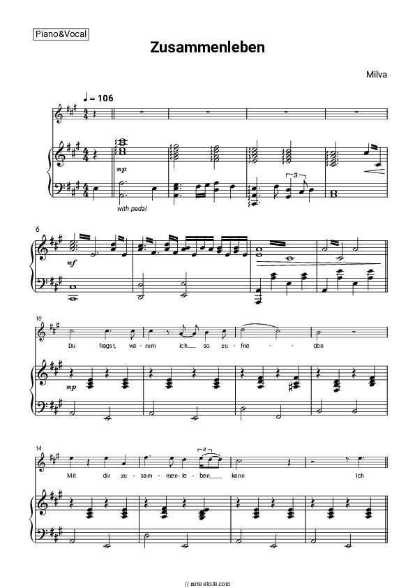 Zusammenleben - Milva Piano Sheet Music with the Voice part - Piano&Vocal